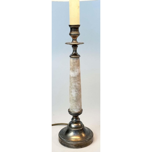 96 - COLUMN TABLE LAMPS, a pair, marble and silvered metal of column form, 68cm H. (2)