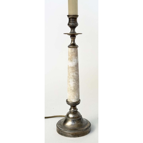 96 - COLUMN TABLE LAMPS, a pair, marble and silvered metal of column form, 68cm H. (2)