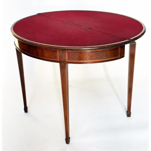 97 - CARD TABLE, George III figured mahogany and satinwood banded of demilune form, foldover baize-lined,... 