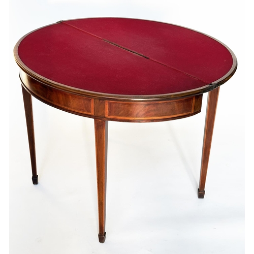 97 - CARD TABLE, George III figured mahogany and satinwood banded of demilune form, foldover baize-lined,... 