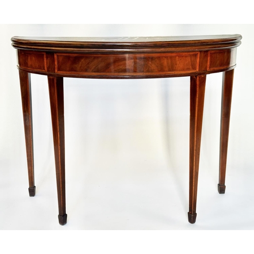 97 - CARD TABLE, George III figured mahogany and satinwood banded of demilune form, foldover baize-lined,... 