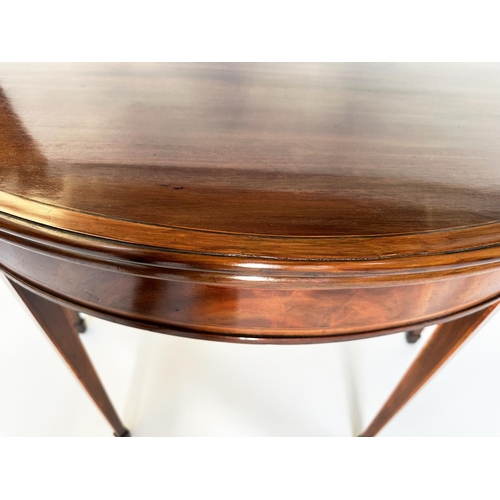 97 - CARD TABLE, George III figured mahogany and satinwood banded of demilune form, foldover baize-lined,... 