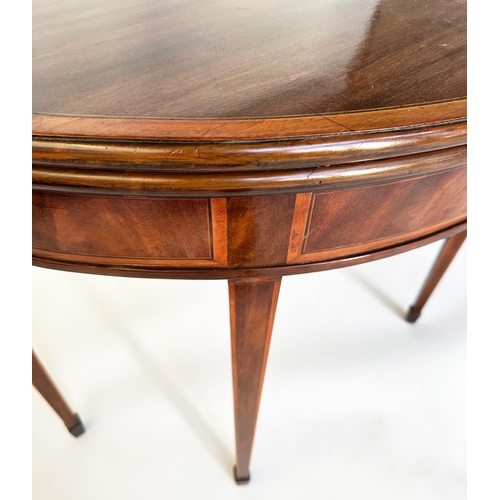 97 - CARD TABLE, George III figured mahogany and satinwood banded of demilune form, foldover baize-lined,... 