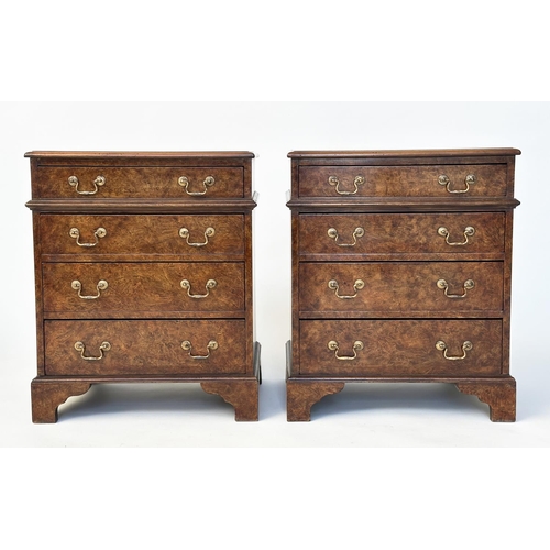 99 - BEDSIDE CHESTS, a pair, George III design burr walnut each with four drawers and bracket supports, 5... 