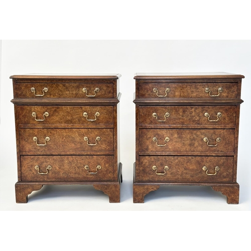 99 - BEDSIDE CHESTS, a pair, George III design burr walnut each with four drawers and bracket supports, 5... 