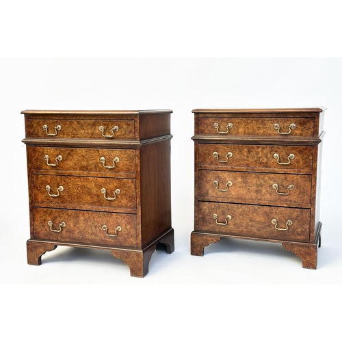 99 - BEDSIDE CHESTS, a pair, George III design burr walnut each with four drawers and bracket supports, 5... 