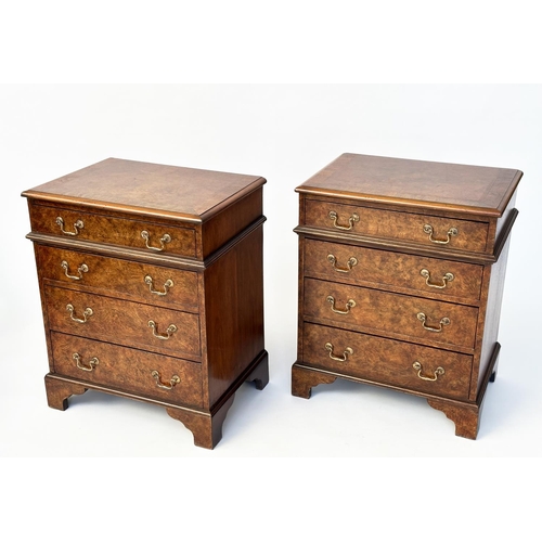 99 - BEDSIDE CHESTS, a pair, George III design burr walnut each with four drawers and bracket supports, 5... 