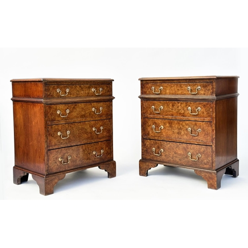 99 - BEDSIDE CHESTS, a pair, George III design burr walnut each with four drawers and bracket supports, 5... 