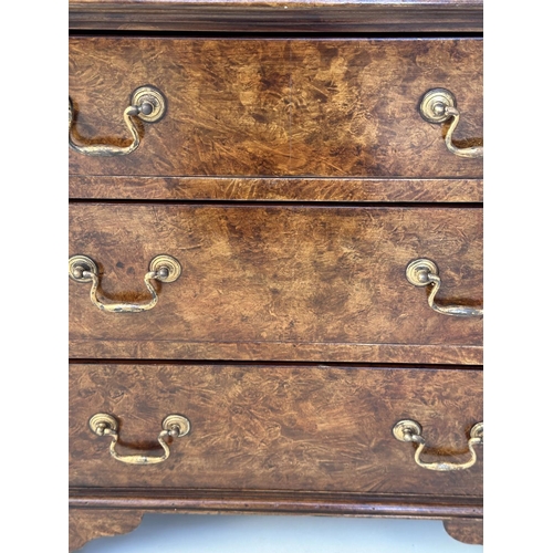 99 - BEDSIDE CHESTS, a pair, George III design burr walnut each with four drawers and bracket supports, 5... 