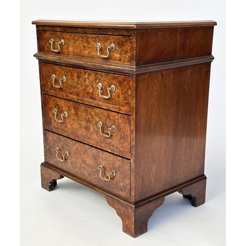 99 - BEDSIDE CHESTS, a pair, George III design burr walnut each with four drawers and bracket supports, 5... 