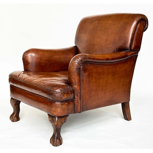 94 - CLUB ARMCHAIR, soft natural mid brown leather upholstered with scroll back and carved walnut chenill... 