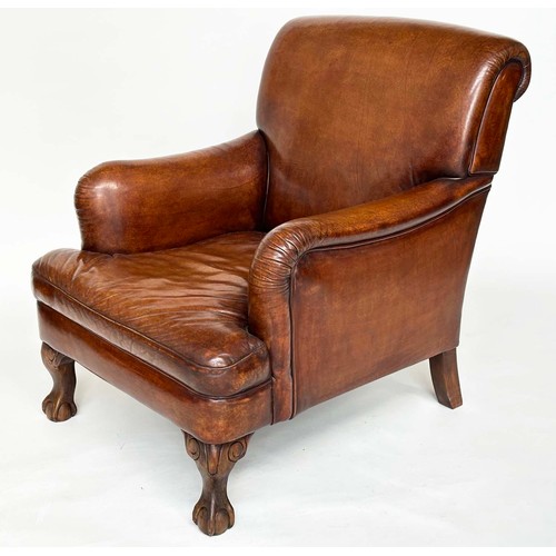 94 - CLUB ARMCHAIR, soft natural mid brown leather upholstered with scroll back and carved walnut chenill... 