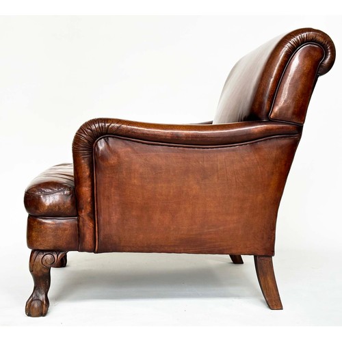 94 - CLUB ARMCHAIR, soft natural mid brown leather upholstered with scroll back and carved walnut chenill... 