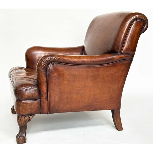 94 - CLUB ARMCHAIR, soft natural mid brown leather upholstered with scroll back and carved walnut chenill... 