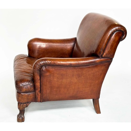 94 - CLUB ARMCHAIR, soft natural mid brown leather upholstered with scroll back and carved walnut chenill... 