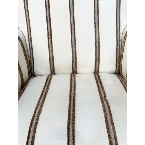 98 - ARMCHAIR, Victorian style tufted striped linen upholstery, scroll back and arms and turned tapering ... 