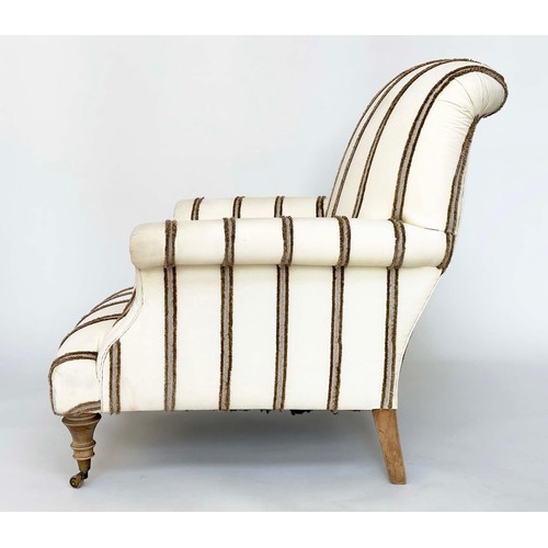 98 - ARMCHAIR, Victorian style tufted striped linen upholstery, scroll back and arms and turned tapering ... 