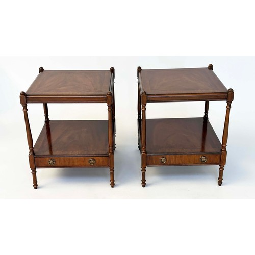 110 - LAMP TABLES, a pair, George III design figured walnut and crossbanded each with two tiers and drawer... 