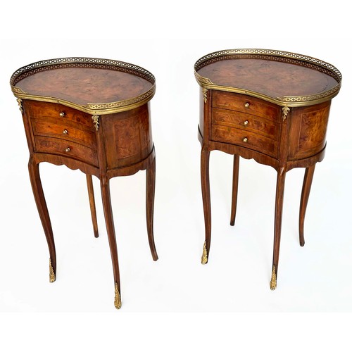 112 - TABLES DE NUIT, a pair, French traditional style, burr elm and mahogany of kidney form with three dr... 