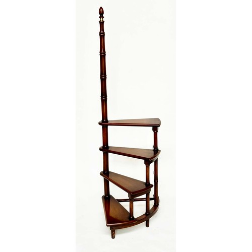 129 - LIBRARY STEPS, a tall set, Georgian style mahogany with four spiral tread steps and brass mounted po... 