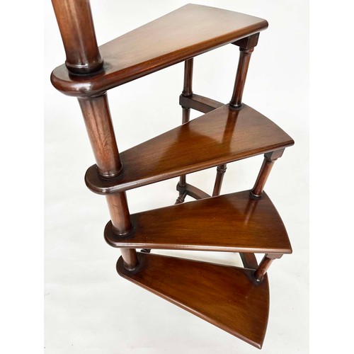 129 - LIBRARY STEPS, a tall set, Georgian style mahogany with four spiral tread steps and brass mounted po... 