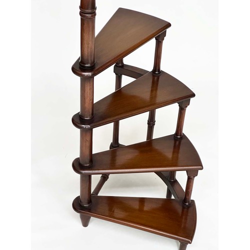 129 - LIBRARY STEPS, a tall set, Georgian style mahogany with four spiral tread steps and brass mounted po... 