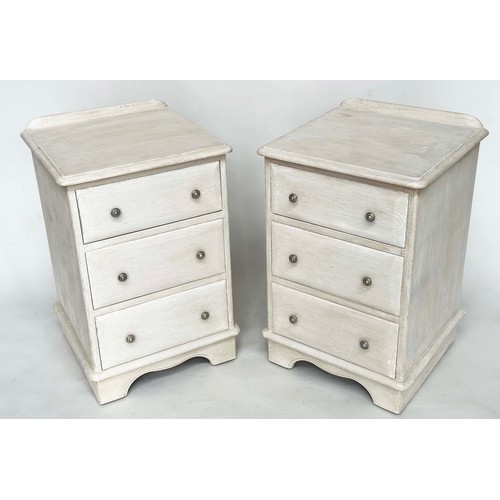 299 - BEDSIDE CHESTS, a pair, French style grey painted each with three drawers, 49cm x 46cm x 74cm H. (2)