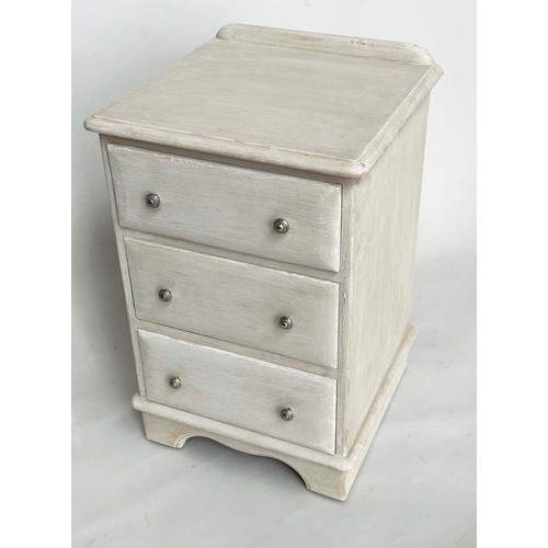 299 - BEDSIDE CHESTS, a pair, French style grey painted each with three drawers, 49cm x 46cm x 74cm H. (2)