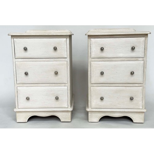 299 - BEDSIDE CHESTS, a pair, French style grey painted each with three drawers, 49cm x 46cm x 74cm H. (2)