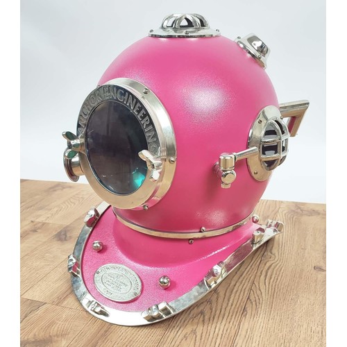 391 - DECORATIVE REPRODUCTION NAVY DIVERS HELMET, pink finish, 45cm H approx.