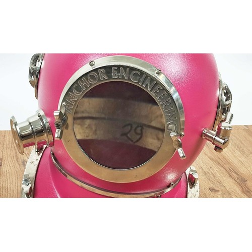 391 - DECORATIVE REPRODUCTION NAVY DIVERS HELMET, pink finish, 45cm H approx.