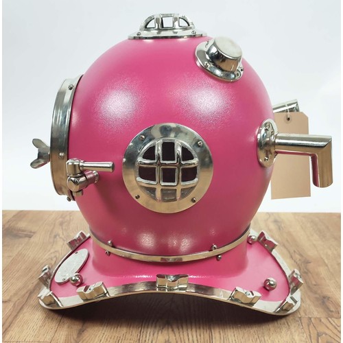 391 - DECORATIVE REPRODUCTION NAVY DIVERS HELMET, pink finish, 45cm H approx.