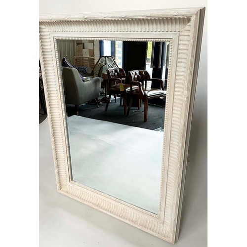 298 - WALL MIRROR, rectangular French style grey painted with fluted and beaded frame, 125cm x 95cm.