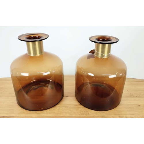 381 - BOTTLE VASES, a pair, Murano style glass, gilt metal collars, 28cm H each approx. (2)