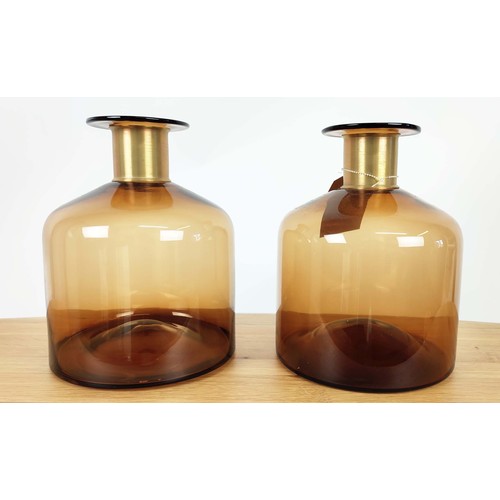 381 - BOTTLE VASES, a pair, Murano style glass, gilt metal collars, 28cm H each approx. (2)