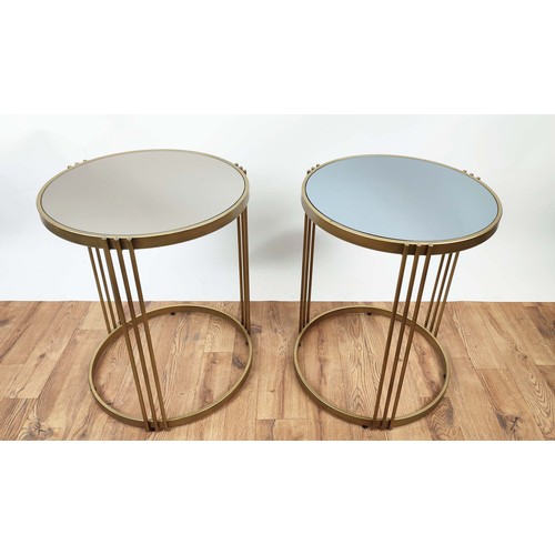 385 - SIDE TABLES, a pair, mirrored tops, gilt metal, 60cm H x 51cm diam. (2)