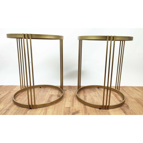 385 - SIDE TABLES, a pair, mirrored tops, gilt metal, 60cm H x 51cm diam. (2)