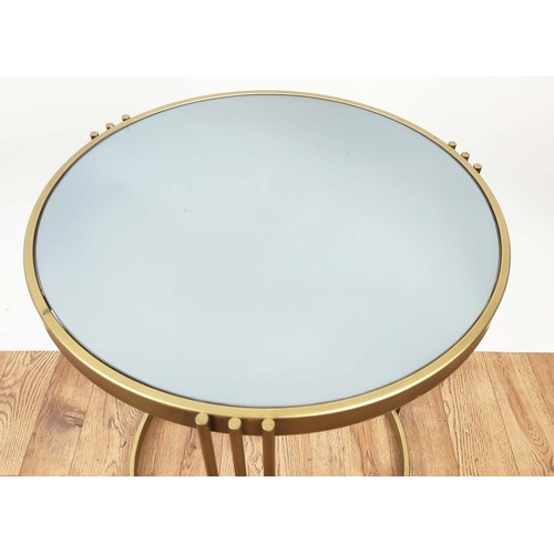 385 - SIDE TABLES, a pair, mirrored tops, gilt metal, 60cm H x 51cm diam. (2)