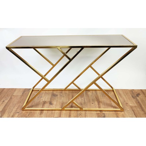 386 - CONSOLE TABLE, 78cm high, 120cm wide, 40cm deep, gilt metal, mirrored top, 1970's Italian style desi... 