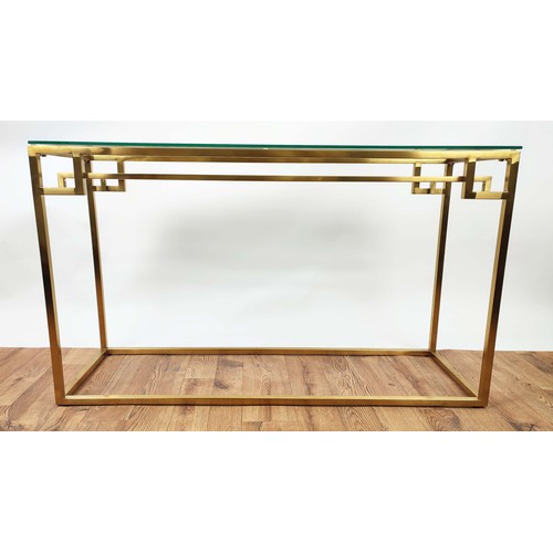 387 - CONSOLE TABLE, 76cm high, 120cm wide, 40cm deep, gilt metal, glass top, 1970's Italian.