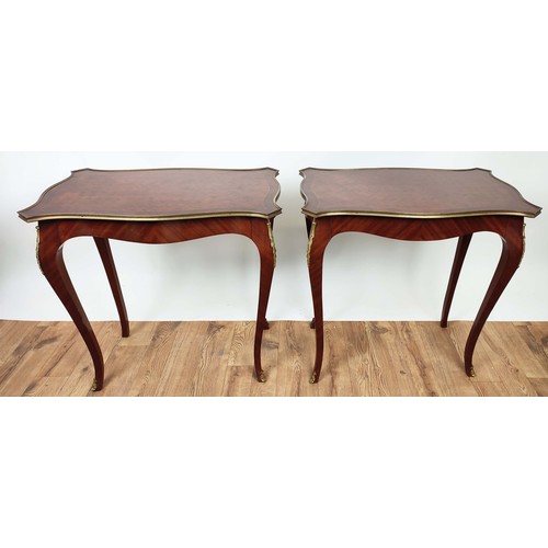 388 - SIDE TABLES, a pair, Louis XV style, parquetry style tops, gilt mounts. (2)