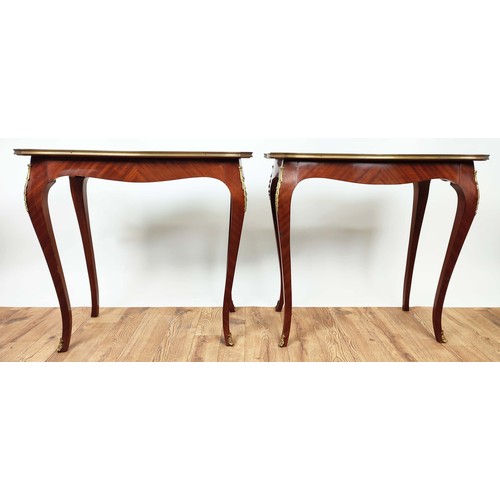 388 - SIDE TABLES, a pair, Louis XV style, parquetry style tops, gilt mounts. (2)