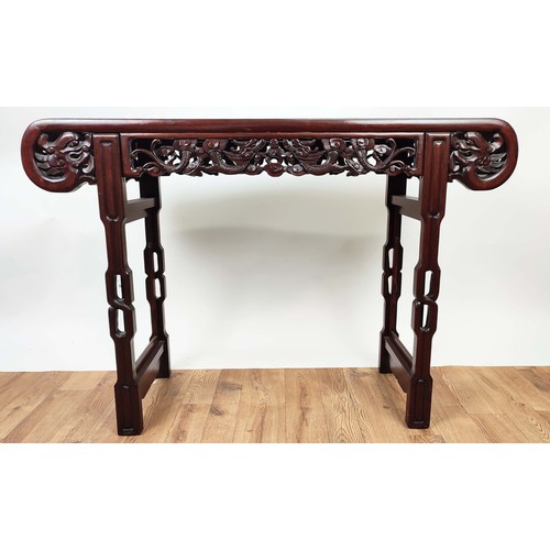 393 - CHINESE STYLE ALTER TABLE, 84cm high, 124cm wide, 40cm deep, scroll top with carved and pierced frie... 