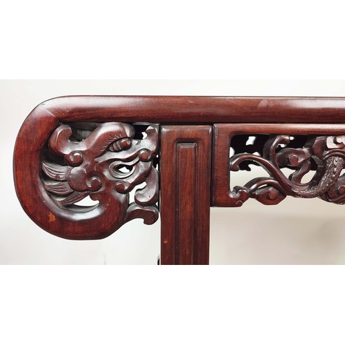 393 - CHINESE STYLE ALTER TABLE, 84cm high, 124cm wide, 40cm deep, scroll top with carved and pierced frie... 