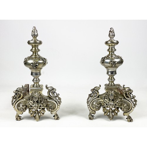 6 - CHENETS, a pair, 19th century French bronze in silvered finish, House of Bourbons symbolic fleur de ... 