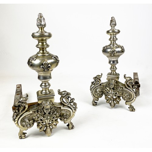 6 - CHENETS, a pair, 19th century French bronze in silvered finish, House of Bourbons symbolic fleur de ... 