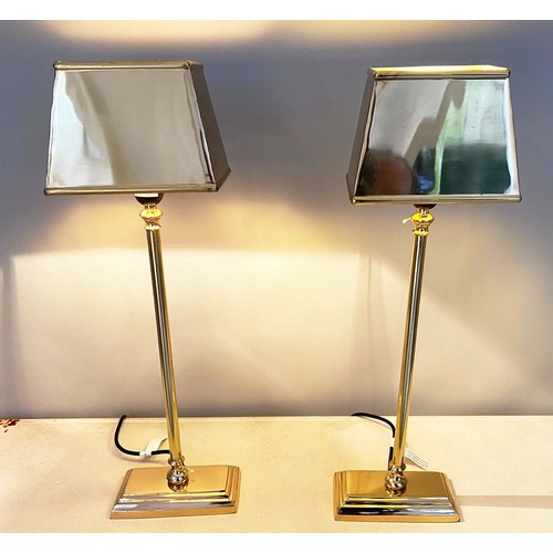 416 - LIBRARY TABLE LAMPS, a pair, square shades, turned columns, square bases, gilt metal finish, 60cm hi... 