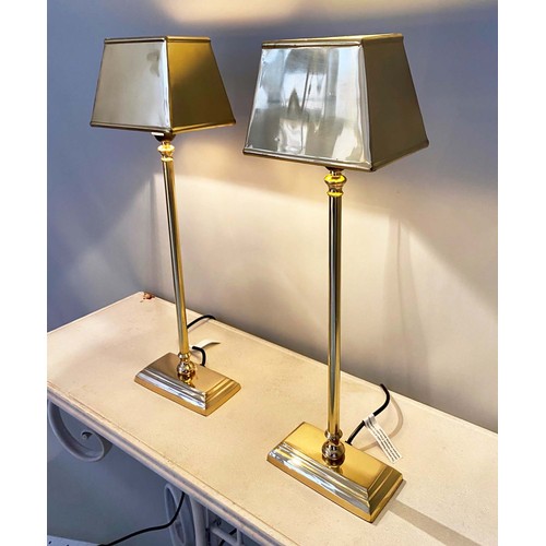 416 - LIBRARY TABLE LAMPS, a pair, square shades, turned columns, square bases, gilt metal finish, 60cm hi... 