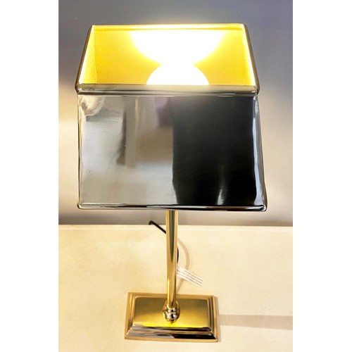 416 - LIBRARY TABLE LAMPS, a pair, square shades, turned columns, square bases, gilt metal finish, 60cm hi... 