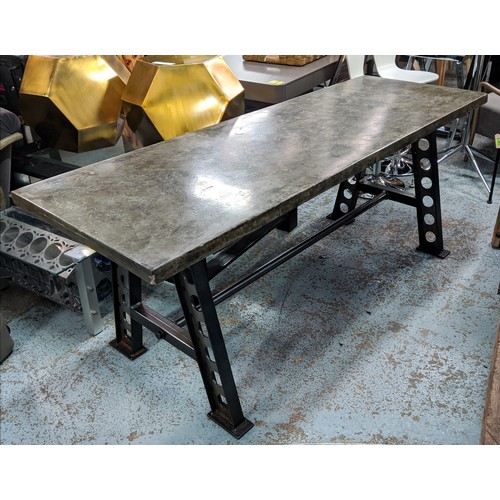 431 - INDUSTRIAL STYLE TABLE, 70cm D x 80cm H x 200cm L, the metallic style top on cast metal supports.